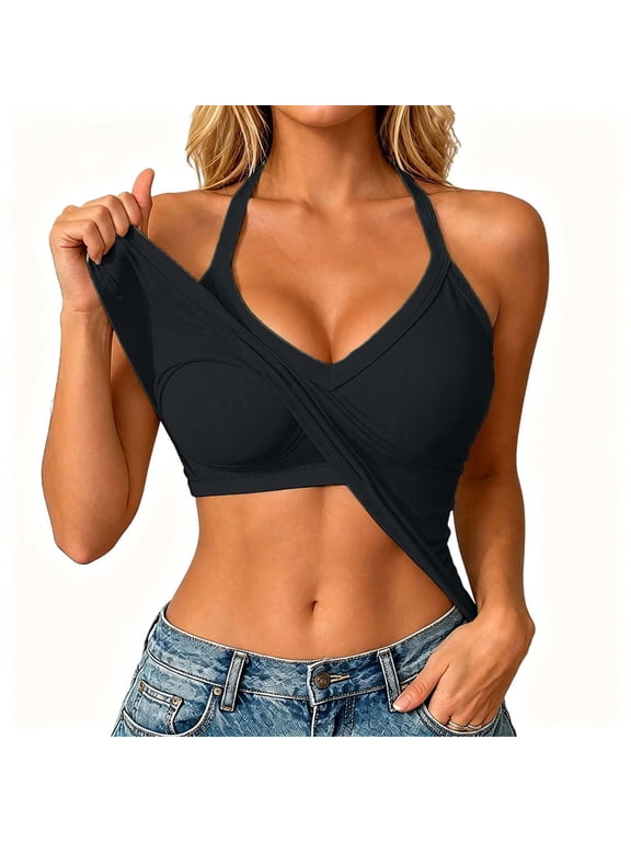 Ribbed Tank Tops for Women Built in Bra Cropped Spaghetti Strap Sleeveless V Neck Racerback Fitted Tee Athletic Workout Casual Basic Top (Black,M)