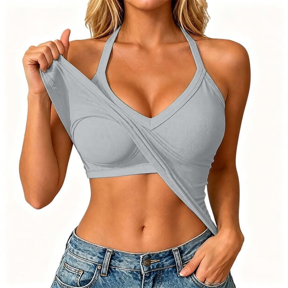 Ribbed Tank Tops for Women Built in Bra Cropped Spaghetti Strap Sleeveless V Neck Racerback Fitted Tee Athletic Workout Casual Basic Top (Grey,XL)