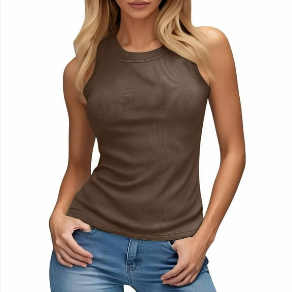 Ribbed Tank Tops for Women Built in Bra High Neck Racerback Shelf Bra Summer Casual Comfortable Yoga Shirts Sleeveless Undershirt Brown, Size XXL