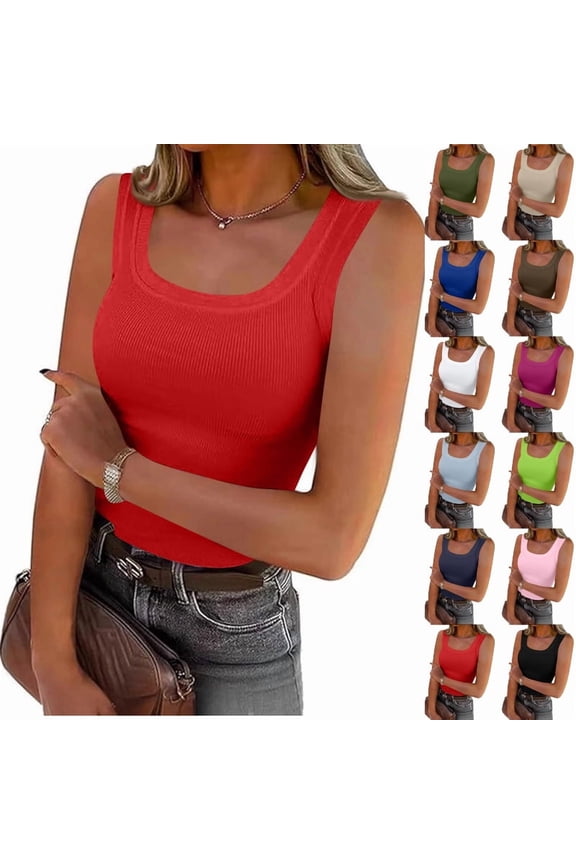 Ribbed Tank Tops for Women Scoop Neck Sleeveless Fitted Camisole Basic Summer Knit Top Slim Casual Y2K,Red L