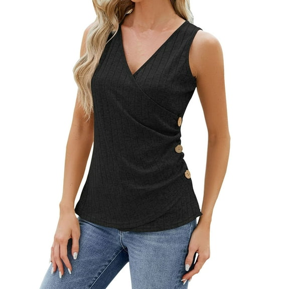 Ribbed Tank Tops for Women Sleeveless Wrap V Neck Side 3 Buttons Trim Slim Fit Solid Summer 2025 Trendy Blouses Black M