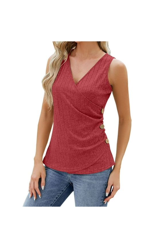 Ribbed Tank Tops for Women Sleeveless Wrap V Neck Side 3 Buttons Trim Slim Fit Solid Summer 2025 Trendy Blouses Red S