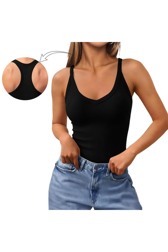 Ribbed Tank Tops with Built in Bra, Womens Racerback Tanks Sleeveless Knit V Neck Slim Fit Cropped Tees (M, Black)