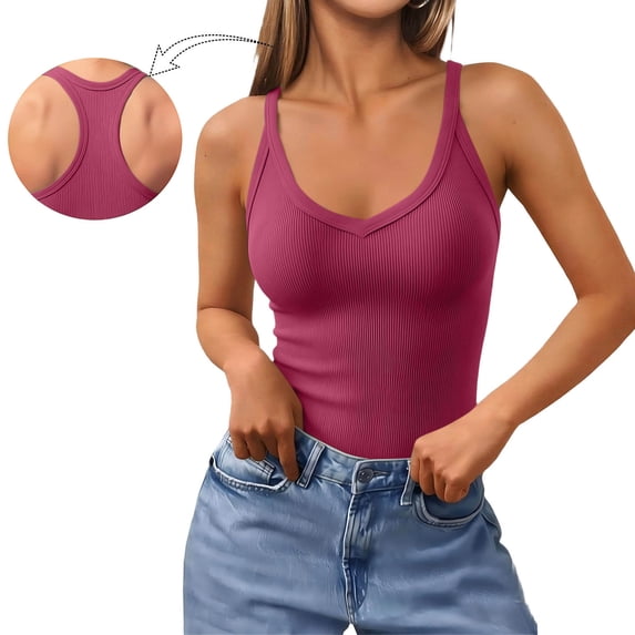 Ribbed Tank Tops with Built in Bra, Womens Racerback Tanks Sleeveless Knit V Neck Slim Fit Cropped Tees (S, Hot Pink)