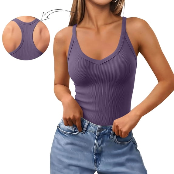 Ribbed Tank Tops with Built in Bra, Womens Racerback Tanks Sleeveless Knit V Neck Slim Fit Cropped Tees (XL, Purple)