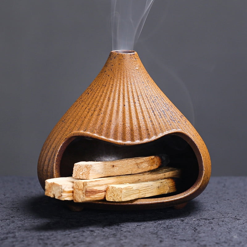 Ribbed Terracotta Cone Palo Santo Holder - Ceramic Incense Burner with Ash Catcher, Rustic Wabi-Sabi Style Palo Santo Holder Stick Holder for Smudging, Meditation, Yoga & Boho Home Decor Brown