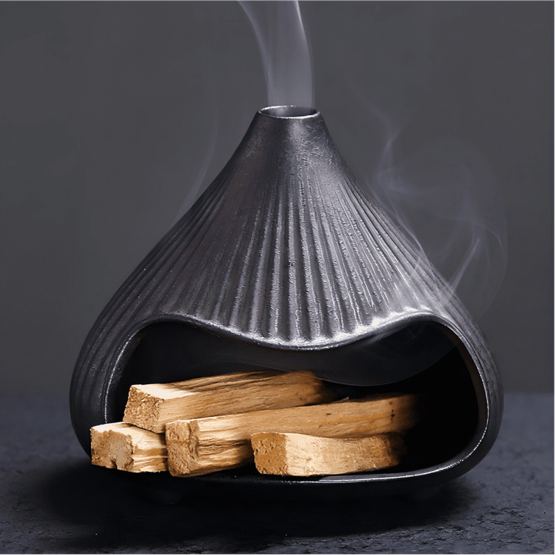 Ribbed Terracotta Cone Palo Santo Holder - Ceramic Incense Burner with Ash Catcher, Rustic Wabi-Sabi Style Palo Santo Holder Stick Holder for Smudging, Meditation, Yoga & Boho Home Decor Black