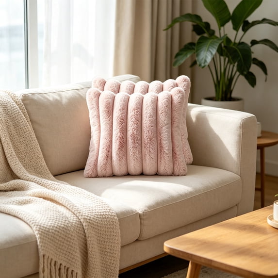 Ribbed Throw Pillow, Rounded Square Cushion with Raised Channel Texture for Home and Seasonal Display, Blush Pink