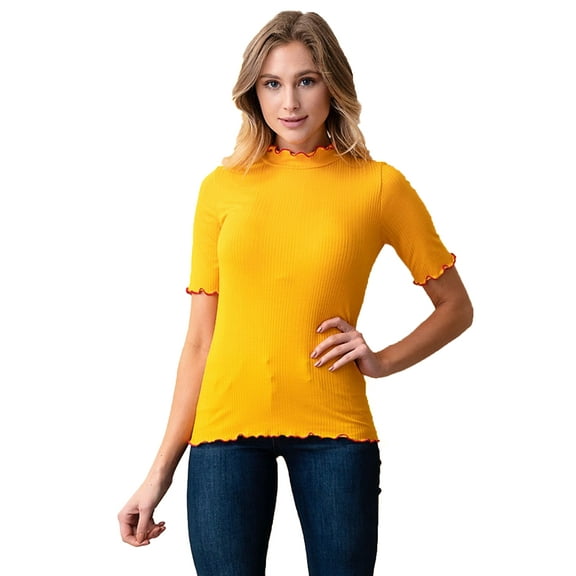 Ribbed Top w Wavy Contrast Trim - Gold - S to XL
