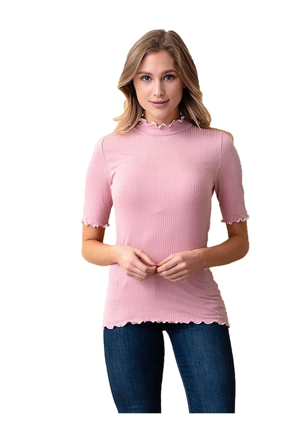 Ribbed Top w Wavy Contrast Trim - Pink - S to XL