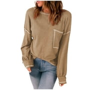 ZCVBOCZ Ribbed Tops for Women Long Sleeve Check Knitted Blouse Plus Size Slouchy Solid Color T-Shirt Lounge Crewneck Tunic Top