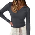 thumbnail image 1 of Ribbed Tops for Women Tight Long Sleeve Crop Tops Collared V-Neck Stretch Knit Blouse Dressy Casual Slim Work T-Shirt, 1 of 7