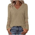 thumbnail image 1 of Ribbed Tops for Women with Hollow-Out Lace Long Sleeve Soft Knit V Neck Shirt Loose Casual Fall Pullover Blouses (2XL, Khaki), 1 of 6