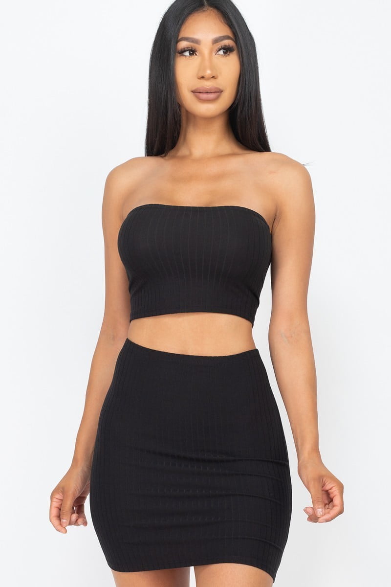 Ribbed Tube Top And Mini Skirt in Black