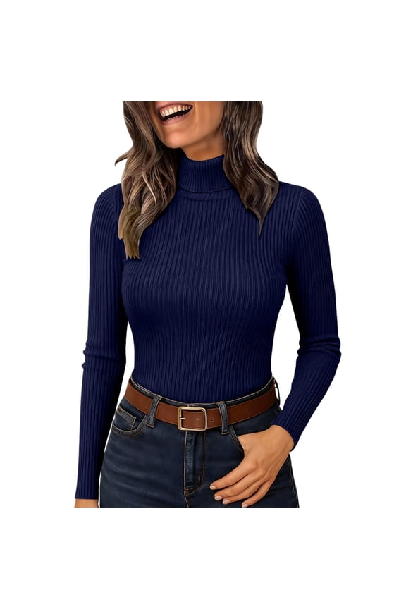 Ribbed Turtleneck Tops for Women, Yigetop Women's High Collar Knitted Fashion Casual Top Age Reducing Pullover for Daily Wear Turtle Necks Tops for Women Navy, M