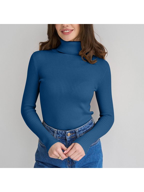 Ribbed Turtleneck Tops for Women Long Sleeve Stretch Thermal, Lightweight Base Layer Undershirt Blue ONE SIZE