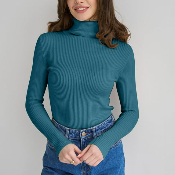 Ribbed Turtleneck Tops for Women Long Sleeve Stretch Thermal, Lightweight Base Layer Undershirt Turquoise ONE SIZE