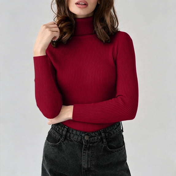 Ribbed Turtleneck Women Sweater Slim Fit Long Sleeve Top High-Collar Knit Top Stretchy Soft Basic Layering Shirt Fall Outfits