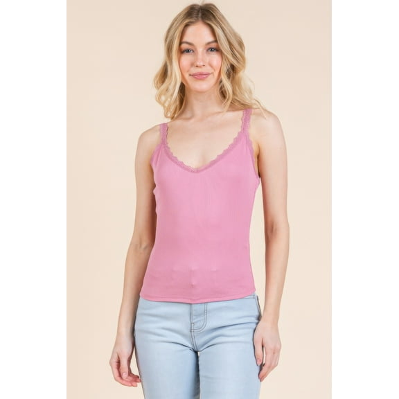 Ribbed V-neck Lace Trim With Strap Tank Top