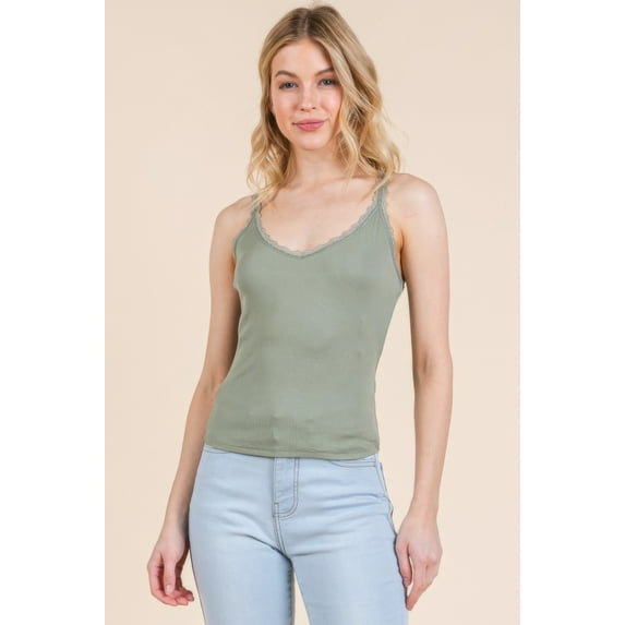 Ribbed V-neck Lace Trim With Strap Tank Top