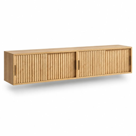 Ribbed Wall-Mounted TV Stand Set of 2, 30" Multi-Purpose Modern Display Shelf Console with Sliding Doors, Entertainment Center Cabinet for Bedroom Living Room Entryway, Natural Oak