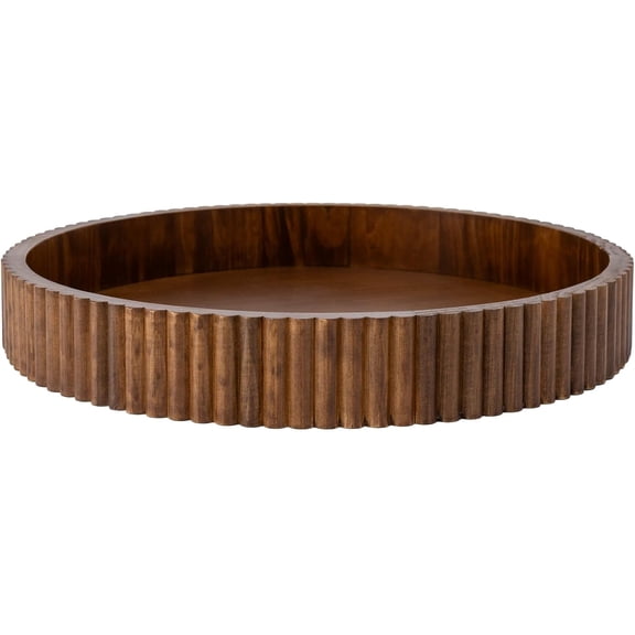 Ribbed Wood Decorative Tray, 16.5-Inch Round with Walnut Finish for Table Centerpieces