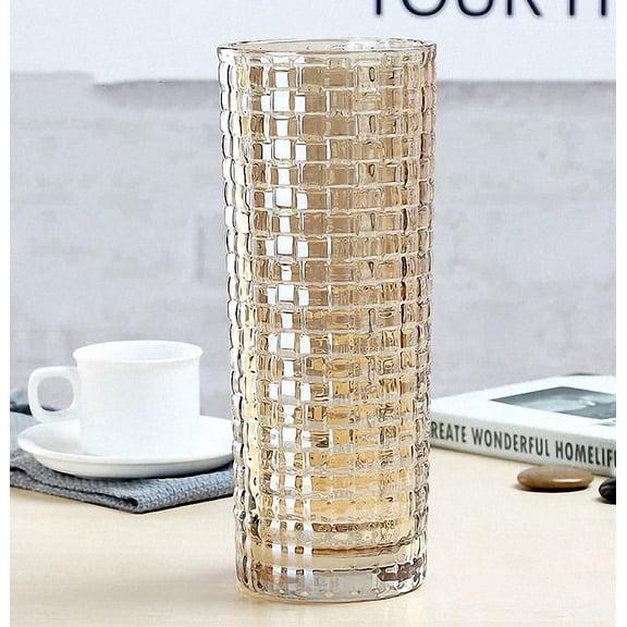 Ribbed Woven Large Glass Crystal Gold Vase-11.8 inch Tall,Modern Vases for Living Room, Dining Table, Entryway, Shelf, Wedding, Office, Coffee Table, Birthday. Y101
