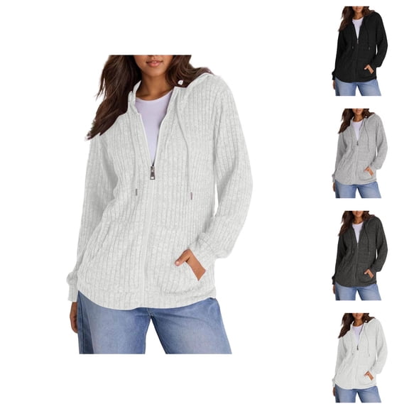 Ribbed Zip Up Hoodies for Women 2025 Fall Winter Long Sleeve Plain Hooded Sweatshirt with Pockets Jacket Coat