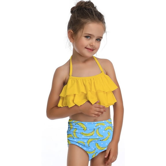 GEYEHUG Girls Swimsuit Bikini Two Piece Set Bathing Suit with Ruffle Drawstring Halterneck Tankini Top Swimwear Sizes 3–9 Years