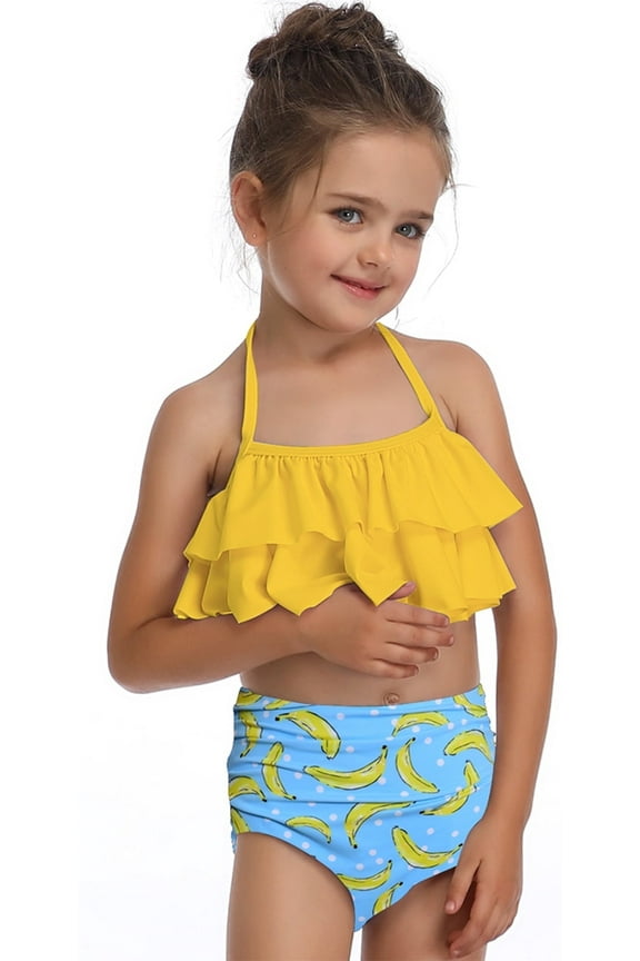 Girls Swimsuit Bikini Two Piece Set Bathing Suit with Ruffle Drawstring Halterneck Tankini Top Swimwear Sizes 3–9 Years