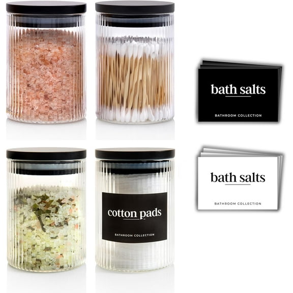 Ribbed Glass Bathroom Jar with Black Bamboo Lid | Cotton Pads / Cotton Swabs / Q-Tip | Bath Salts / Clear Vanity Apothecary Storage Jar Organizer