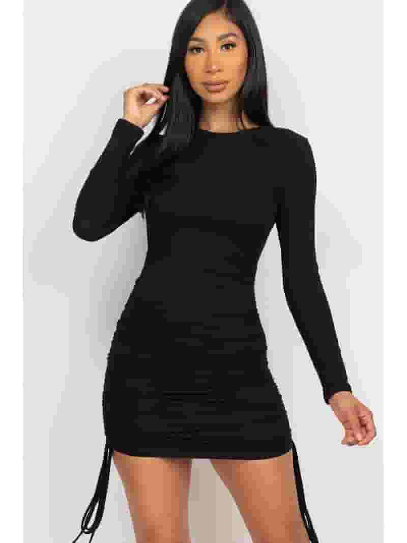 ribbed long sleeve bardot ruched bodycon dress Bardot Ruched Side Detail Mini Bodycon Dress In Cream Ribbed Knit | EGO US