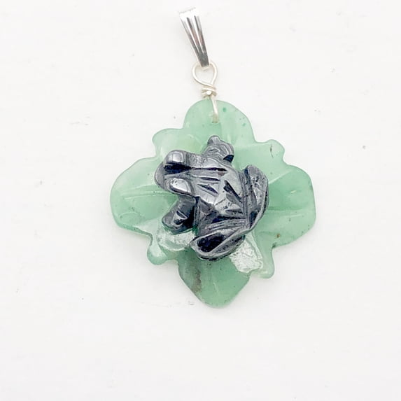 Ribbit Hematite Frog On Aventurine Lily Pad Stering Silver Pendant| 1 5/8" Long|