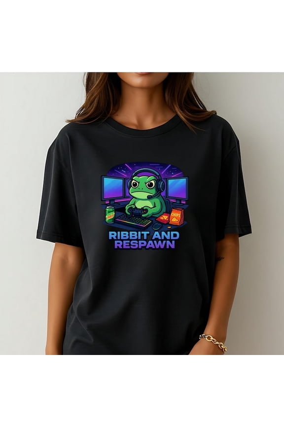 Ribbit and Respawn Gamer Frog Shirt RGB Setup Gaming Desk Funny Frog Video Game Tee Vaporwave Neon Style Gift for Gamers and Streamers