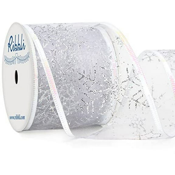 Ribbli Snowflake Glitter Wired Ribbon,White Organza Sheer Ribbon with Silver Glitter Big Snowflake Pattern and Iridescent Edge,2-1/2 Inch x 10Yards Christmas Ribbon for Tree Decoration