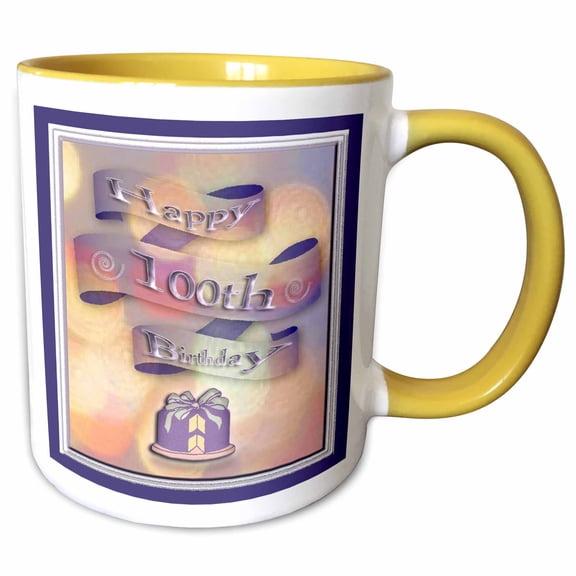 3drose, Ribbon and Cake, Happy 100th Birthday, 11oz Two-tone Yellow Mug