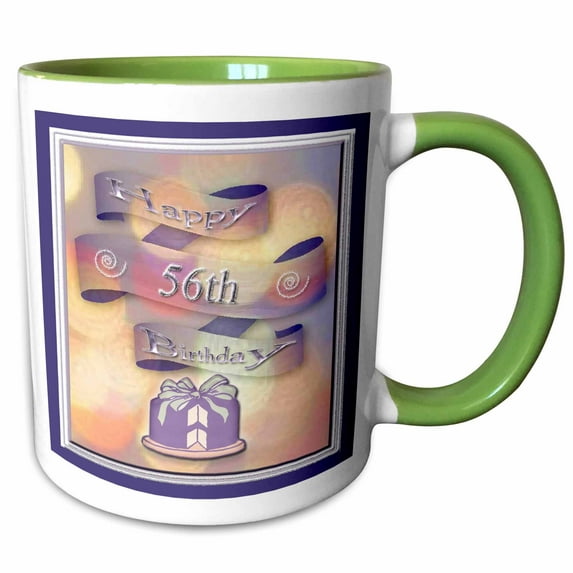3drose, Ribbon and Cake Happy 56th Birthday, 11oz Two-tone Green Mug
