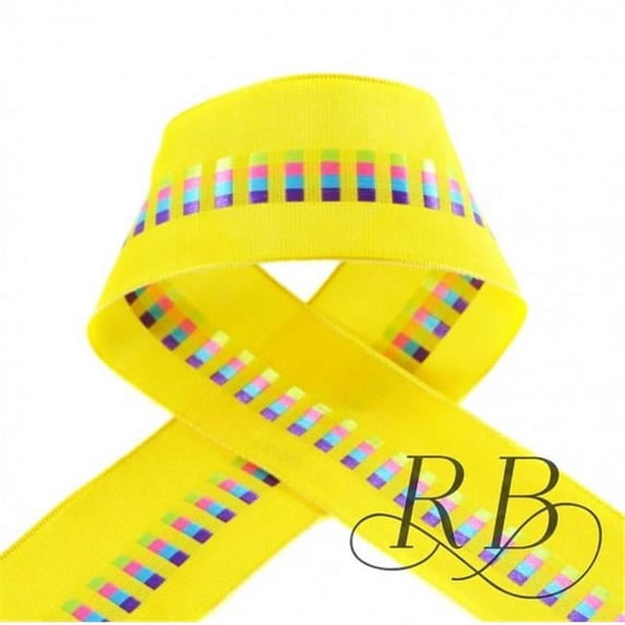 Ribbon Bazaar 4689 1.5 in. Wired Taffeta Ribbon with Block Motifs, Yellow - 50 Yards