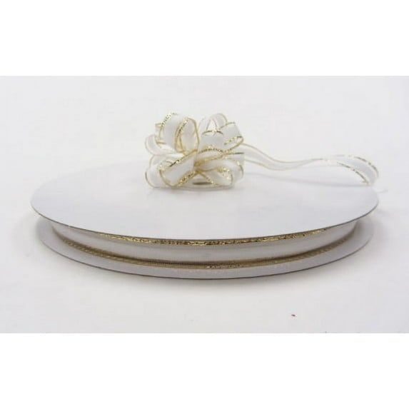 Ribbon Bazaar Center Stripe Sheer Pull Ribbon 3/8 inch White (Gold Edge) 50 yards