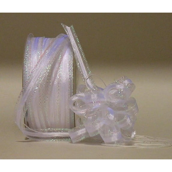 Ribbon Bazaar Center Stripe Sheer Pull Ribbon 3/8 inch White (Iridescent Edge) 50 yards