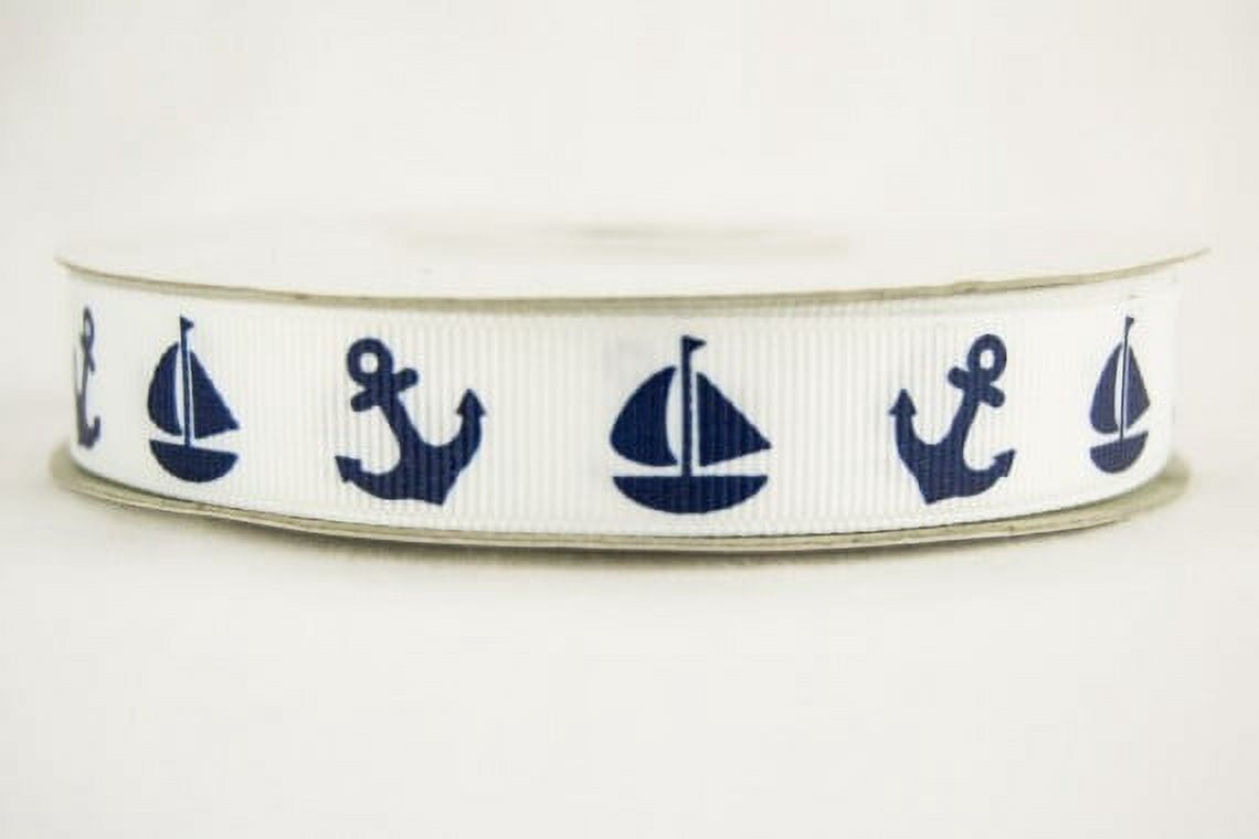 Ribbon Bazaar Grosgrain Boat & Anchor Print 5/8 inch White 25 yards ...