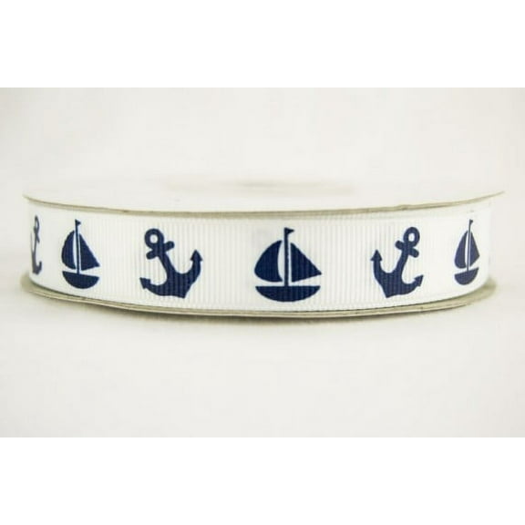 Ribbon Bazaar Grosgrain Boat & Anchor Print 5/8 inch White 25 yards Ribbon