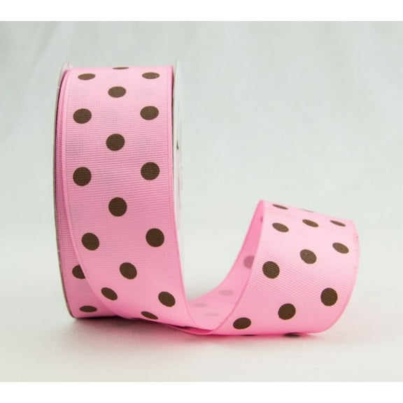 Ribbon Bazaar Grosgrain Dippy Dots 7/8 inch Pink / Brown 25 yards Ribbon