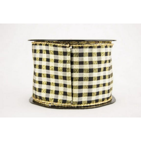 Ribbon Bazaar Wired Black and White Check with Metallic Weave 1-1/2 inch Gold 10 yards Ribbon