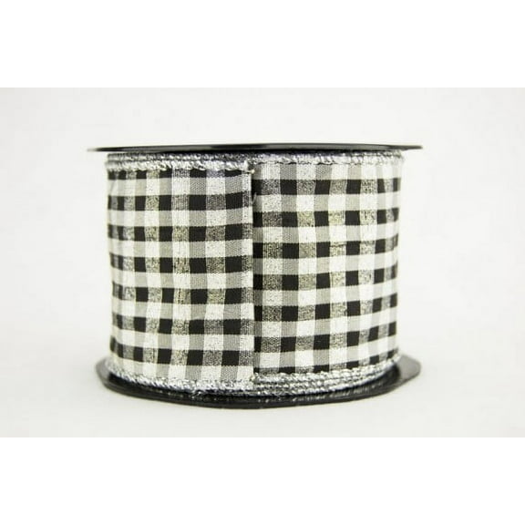 Ribbon Bazaar Wired Black and White Check with Metallic Weave 1-1/2 inch Silver 10 yards Ribbon