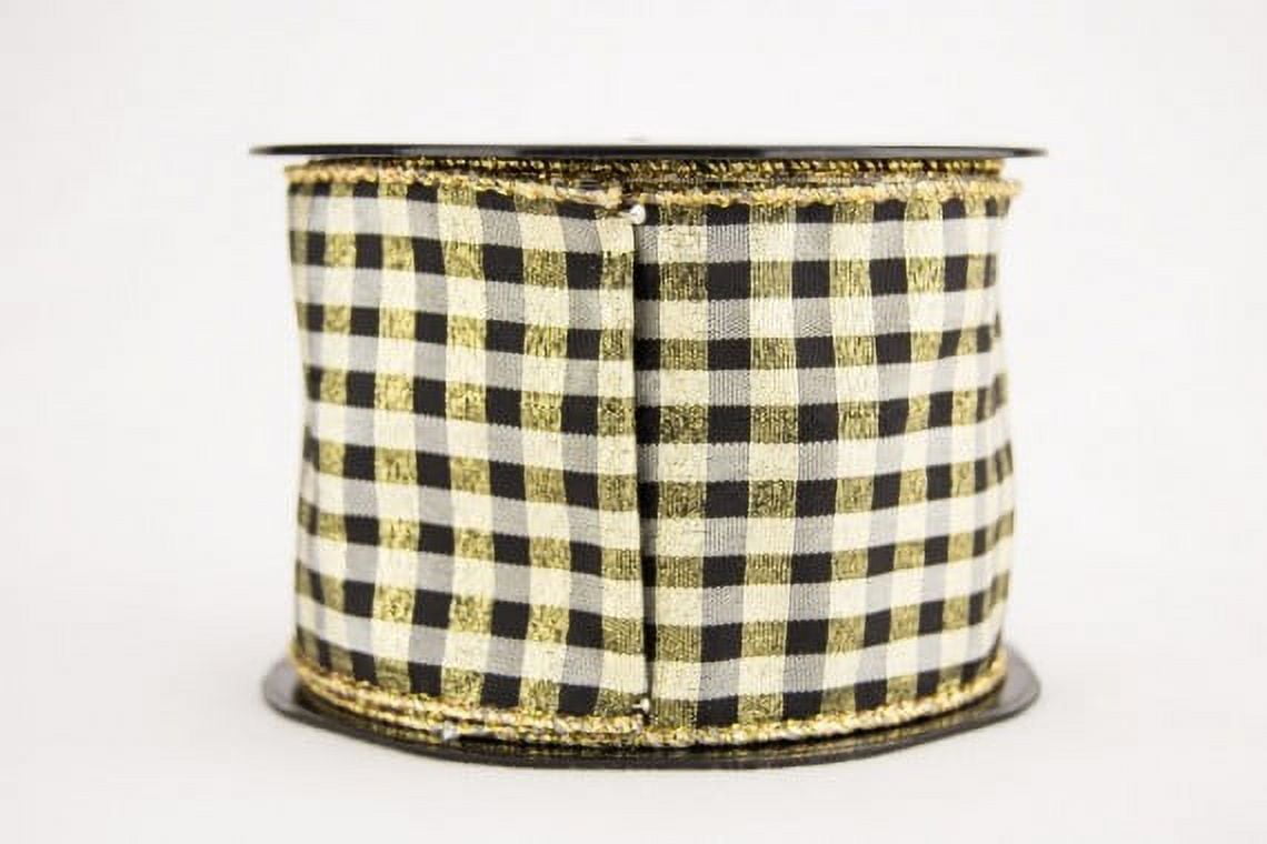 Ribbon Bazaar Wired Black and White Check with Metallic Weave 2-1/2 inch Gold 10 yards Ribbon