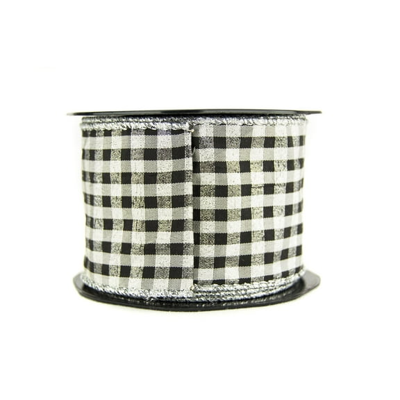 Ribbon Bazaar Wired Black and White Check with Metallic Weave 2-1/2 inch Silver 10 yards Ribbon