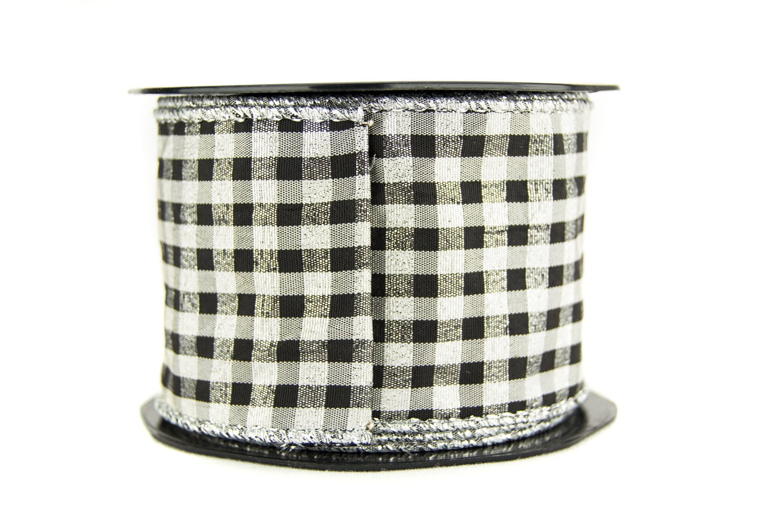 Ribbon Bazaar Wired Black and White Check with Metallic Weave 3-1/2 inch Silver 10 yards Ribbon