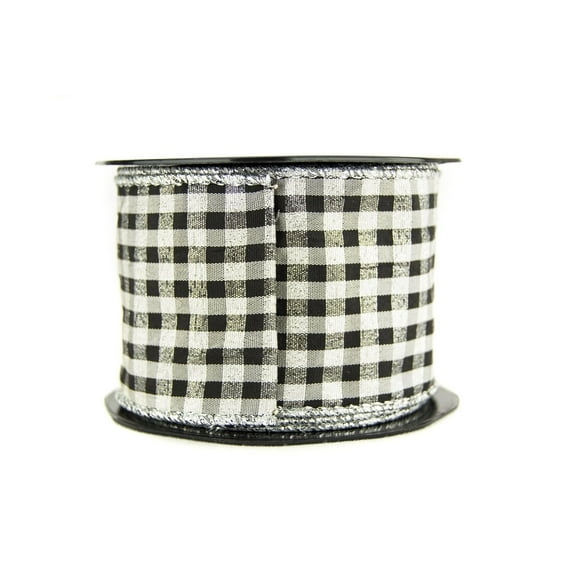Ribbon Bazaar Wired Black and White Check with Metallic Weave 3-1/2 inch Silver 10 yards Ribbon