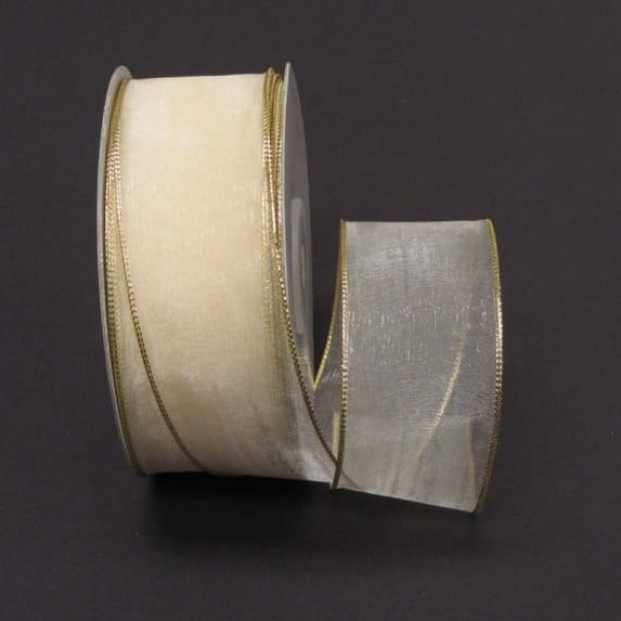 Ribbon Bazaar Wired Metallic Edge Organza 1-1/2 inch Ivory (Gold Edge) 25 yards Ribbon